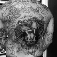 Asian style black ink whole back tattoo of roaring tiger