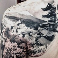 Asian style breathtaking realistic photo like house with mountain tattoo on shoulder
