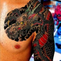 Asian style chest and half sleeve multicolored dragon tattoo