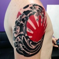 Asian style colored big red sun shoulder tattoo with waves