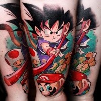 Asiatischer Stil farbiges Unterarm Tattoo mit verschiedenen Helden aus Videospiele