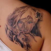 Asian style colored shoulder tattoo of Asian woman with black ink symbol