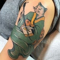 Asian style colored shoulder tattoo of geisha cat
