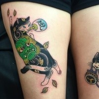 Asian style colored thigh tattoo of Manmon cat painted by horitomo