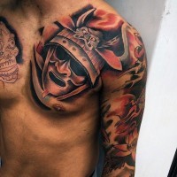 Asian style designed colored on chest and sleeve tattoo
