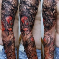 Asian style detailed colored dragon tattoo on sleeve combined with blooming flower