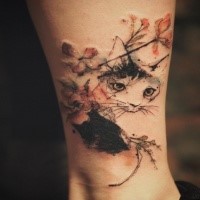 Asian style for girls tattoo of cat with flowers