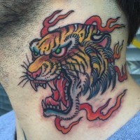 Asian style furious roaring tiger's head colored neck tattoo in fire flames