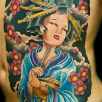 Asian style Geisha with knife committing suicide colored belly and chest tattoo with flowers