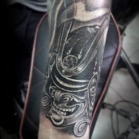 Asian style gorgeous black and white samurai helmet tattoo on arm