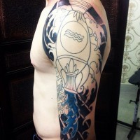 Asian style half colored shoulder tattoo of Aquarius symbol
