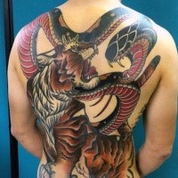 Asian style large colorful whole back tattoo of tiger fighting big snake