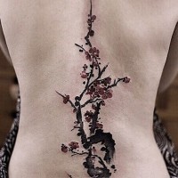 Tatuaje en la espalda, rama de sakura magnífica