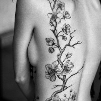 Tatuaje en la espalda, rama con flores pequeñas, colores negro y blanco
