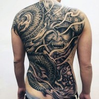 Asian style massive black and white whole back tattoo of dragon with samurai mask and creepy man portrait