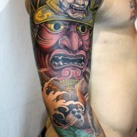 Asian style massive multicolored sleeve tattoo of big samurai mask with flowers
