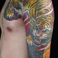 Asian style multicolored big angry tiger tattoo on shoulder