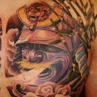 Asian style multicolored magical Samurai helmet tattoo on chest