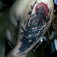 Asian style multicolored mystic samurai warrior shoulder length tattoo