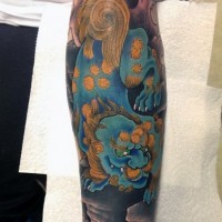 Asian style nice colored big forearm tattoo on magical tiger