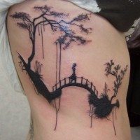 Asian style original painted black ink lonely person on bridge tattoo on side