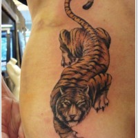Asian style painted big colored tiger tattoo on leg