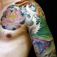 Asian style painted multicolored alligator with flower half sleeve and chest tattoo