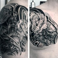 Tatuaje en el hombro, guerrero asiático con dragón estupendo