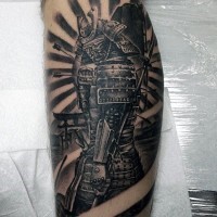 Asian style very detailed colored leg tattoo of samurai warrior with arrows in body
