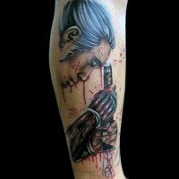 asiatico stile meraviglioso colorato guerriero samurai sanguinoso tatuaggio su gamba