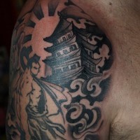 Asian themed black and white shoulder tattoo of samurai warrior and big temple