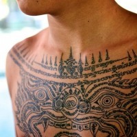 Asian traditional black ink chest tattoo of antic paintings