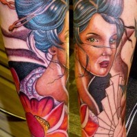 Asian traditional colored forearm tattoo of geisha woman and flower