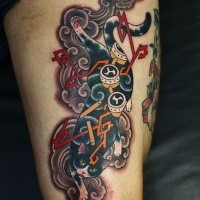 Asian traditional colored thigh tattoo of Manmon cat by horitomo