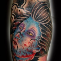 Asian traditional colorful geisha severed head tattoo on forearm