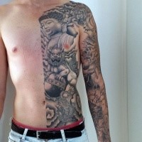 Asian traditional gray washed style black ink various symbols tattoo on sleeve and half chest and belly