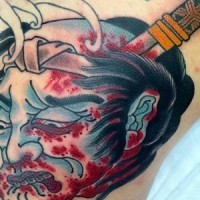 Asian traditional small colored bloody severed head tattoo with sword