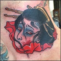 Asian traditional small colored severed woman head tattoo on neck