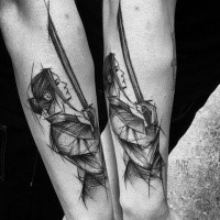 Asian traditional style black ink arm tattoo of woman samurai warrior by Inez Janiak