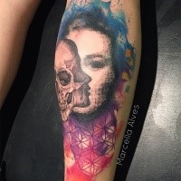 Asian traditional style colored leg tattoo of woman portrait with skull