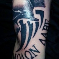 Awesome 3D like black ink Spartan helmet with lettering tattoo on arm