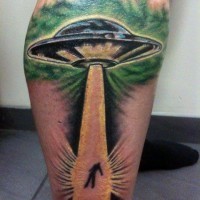 Awesome 3D like colorful alien ship with human tattoo on leg