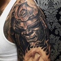 Awesome 3D style colored evil samurai tattoo on upper arm zone