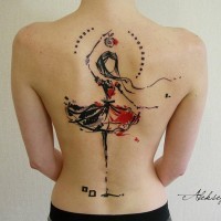 Awesome abstract style painted dancing girl tattoo on whole back
