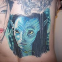 Awesome accurate painted Avatar tribal woman portrait tattoo on back
