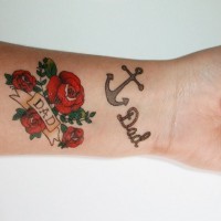 Awesome anchor with dad and roses forearm tattoo