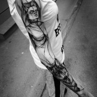 Awesome big black ink sketch style sleeve tattoo of demonic woman with wolf