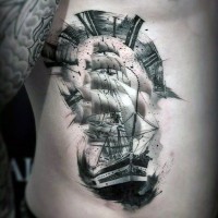 Awesome black and white detailed old ship tattoo on side