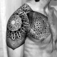 Awesome black and white floral geometrical ornaments chest and shoulder  tattoo