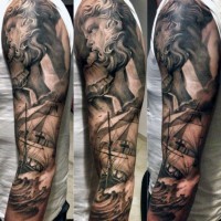Awesome black and white Poseidon with big ship tattoo on sleeve